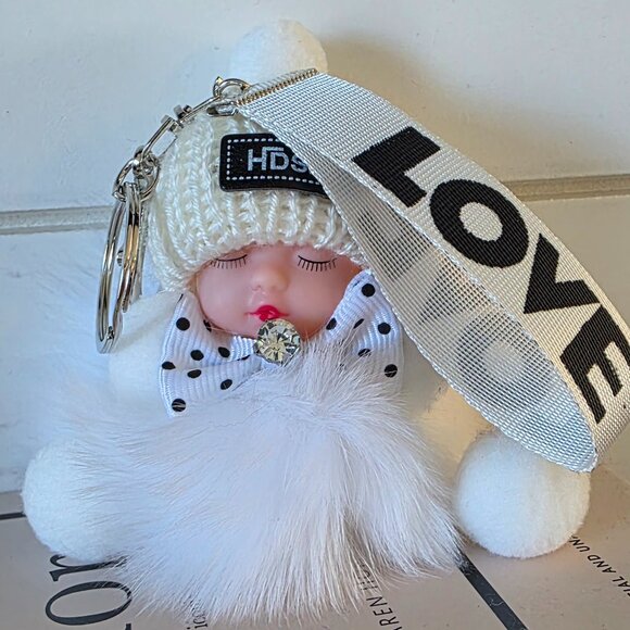 Cute Baby Sleeping Keychain with LOVE tag, Plush rabbit fur, Bag Charm - Picture 3 of 7